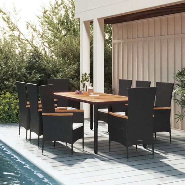 ARDEBO.de - 9-tlg. Garten-Essgruppe mit Kissen Schwarz Poly Rattan