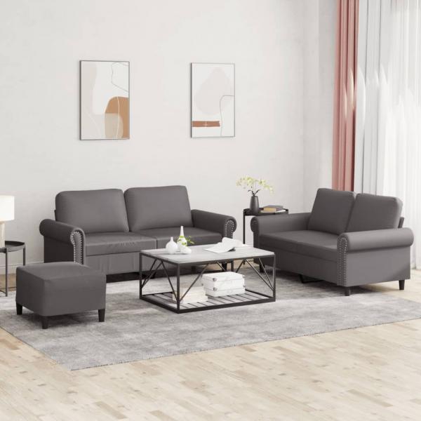 ARDEBO.de - 3-tlg. Sofagarnitur mit Kissen Grau Kunstleder