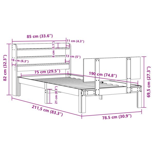 Bettgestell mit Kopfteil ohne Matratze Weiß 75x190 cm