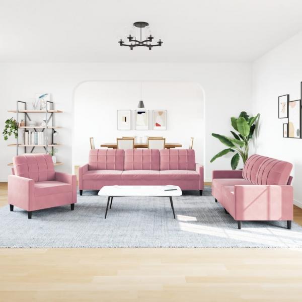 3-tlg. Sofagarnitur mit Kissen Rosa Samt