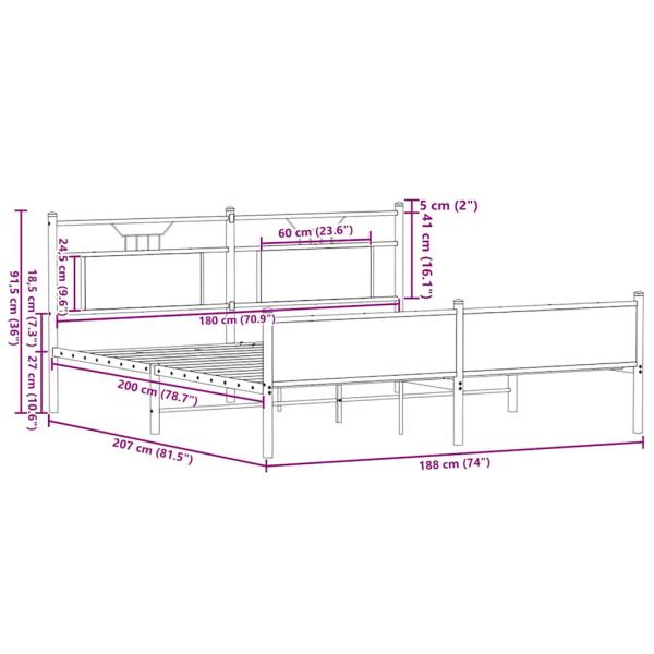 Metallbett ohne Matratze Sonoma-Eiche 180x200 cm