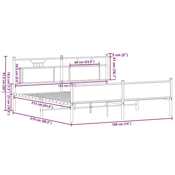 Metallbett ohne Matratze Sonoma-Eiche 183x213 cm