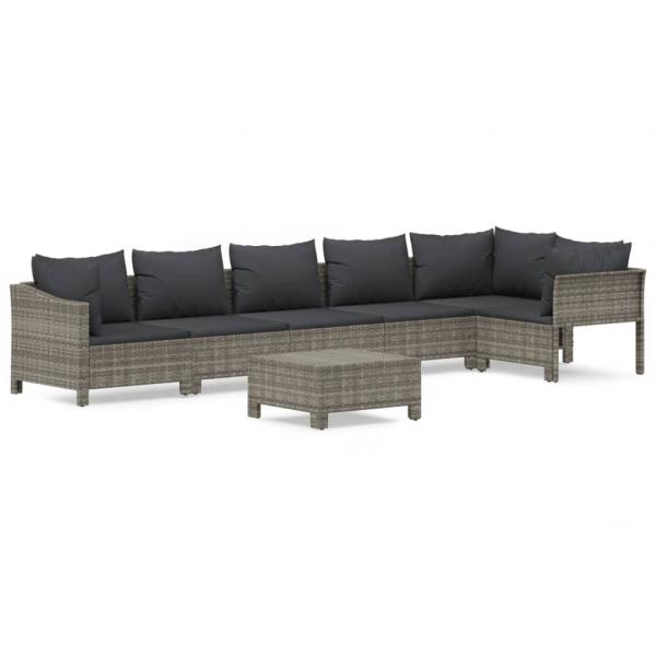7-tlg. Garten-Lounge-Set mit Kissen Grau Poly Rattan