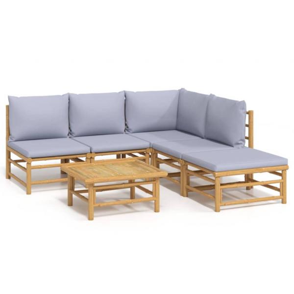 6-tlg. Garten-Lounge-Set mit Hellgrauen Kissen Bambus