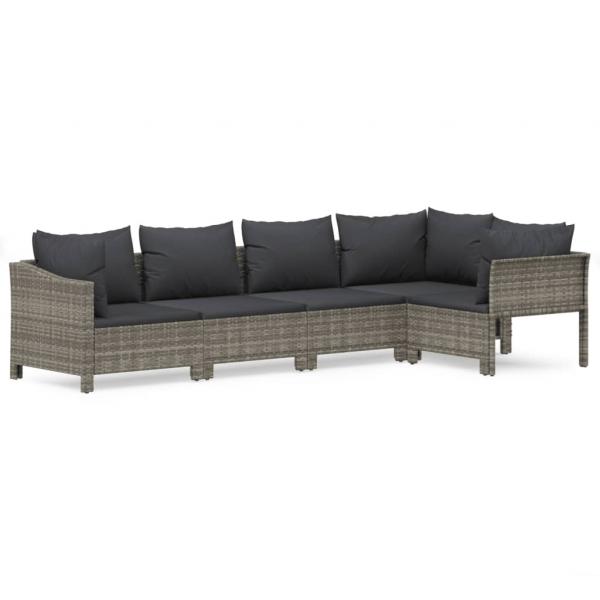 5-tlg. Garten-Lounge-Set mit Kissen Grau Poly Rattan