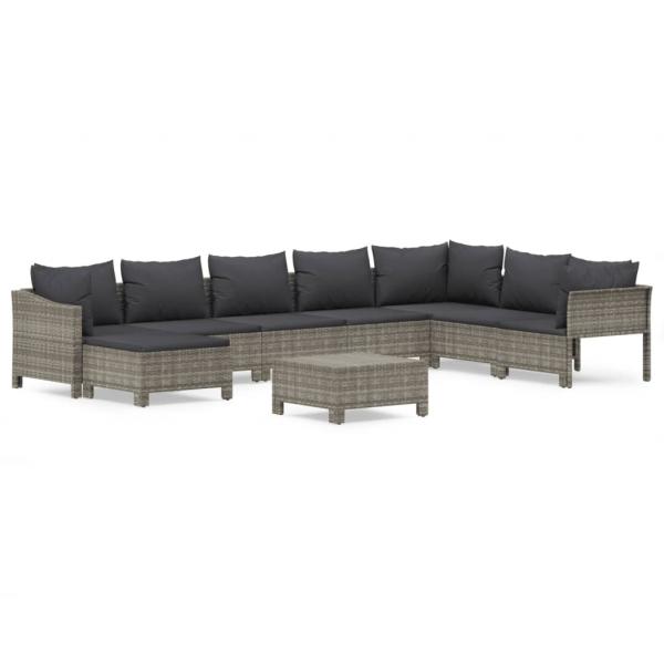 9-tlg. Garten-Lounge-Set mit Kissen Grau Poly Rattan