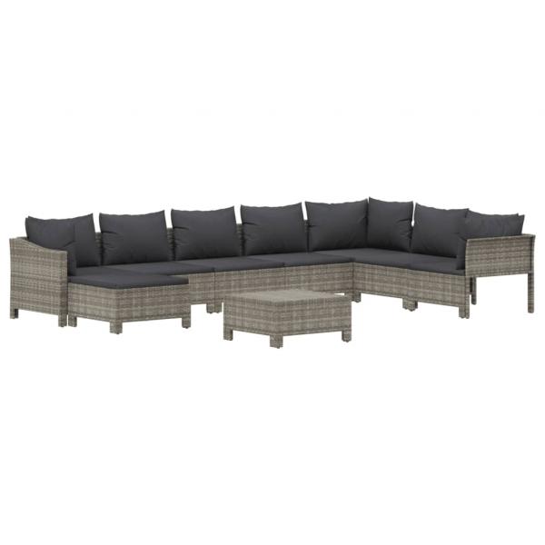 9-tlg. Garten-Lounge-Set mit Kissen Grau Poly Rattan