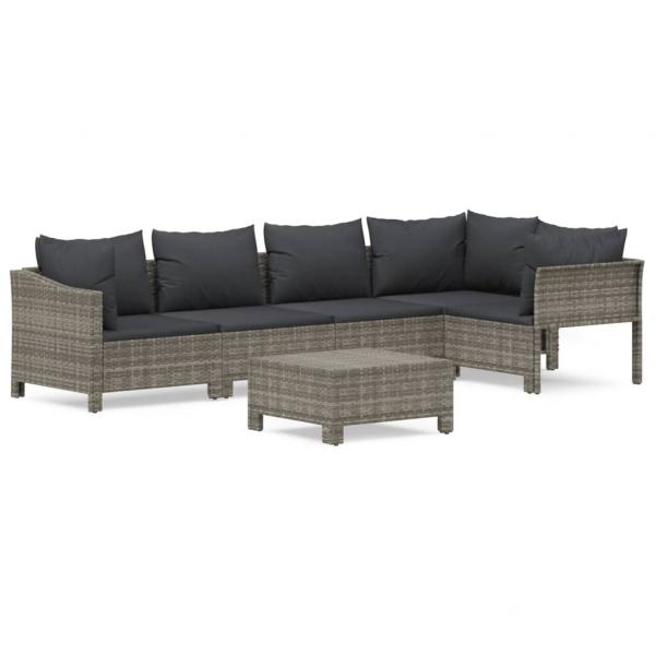 6-tlg. Garten-Lounge-Set mit Kissen Grau Poly Rattan