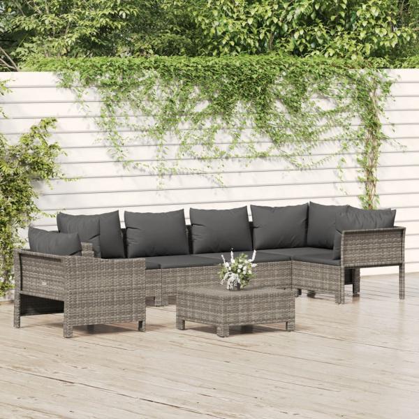 ARDEBO.de - 7-tlg. Garten-Lounge-Set mit Kissen Grau Poly Rattan