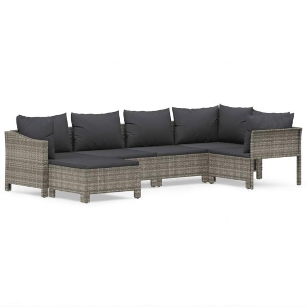 6-tlg. Garten-Lounge-Set mit Kissen Grau Poly Rattan