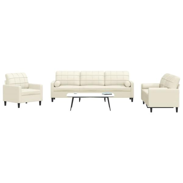 ARDEBO.de - 3-tlg. Sofagarnitur mit Kissen und Nackenrollen Creme Samt