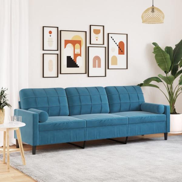 ARDEBO.de - Sofa 3-Sitzer mit Zierkissen Blau 210 cm Samt