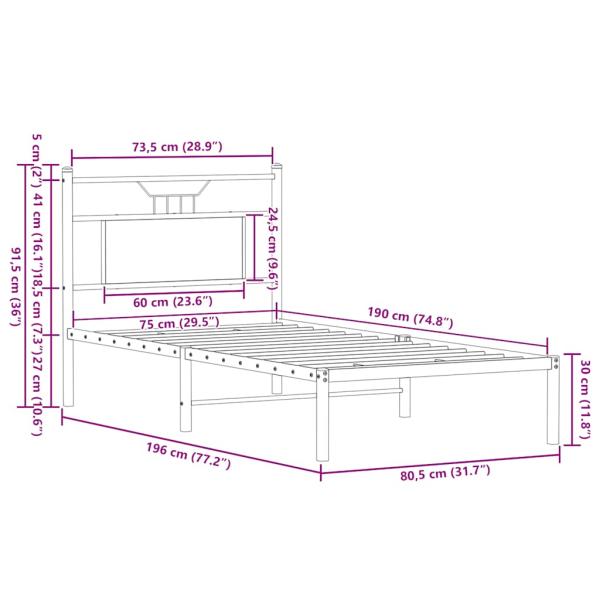Bettgestell ohne Matratze Braun Eiche 75x190 cm Holzwerkstoff