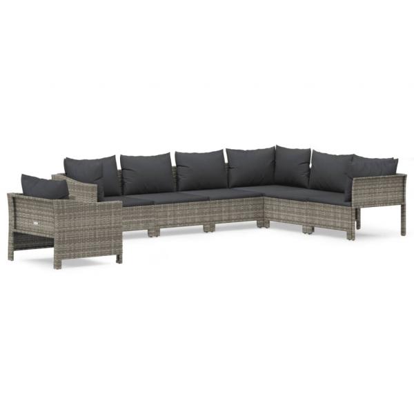 7-tlg. Garten-Lounge-Set mit Kissen Grau Poly Rattan