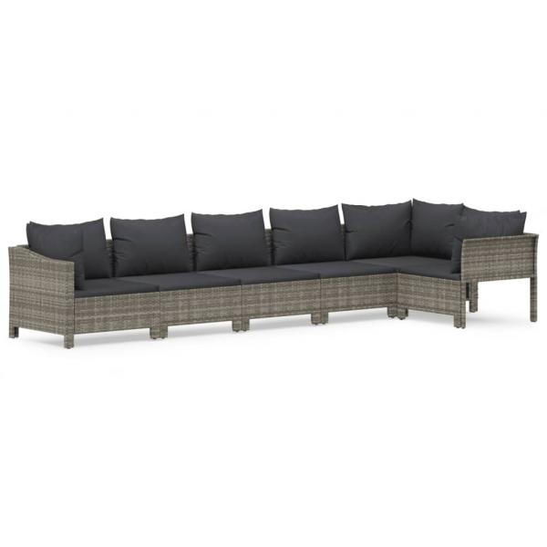 6-tlg. Garten-Lounge-Set mit Kissen Grau Poly Rattan