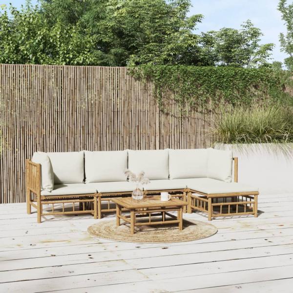 ARDEBO.de - 6-tlg. Garten-Lounge-Set mit Cremeweißen Kissen Bambus