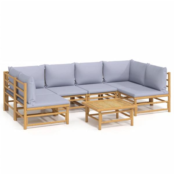 7-tlg. Garten-Lounge-Set mit Hellgrauen Kissen Bambus