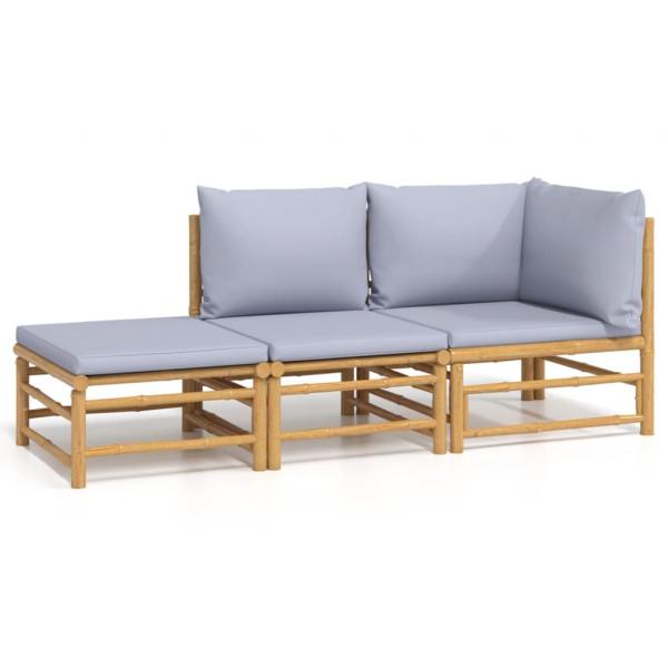 3-tlg. Garten-Lounge-Set mit Hellgrauen Kissen Bambus