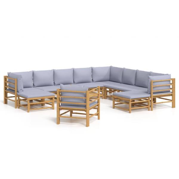 12-tlg. Garten-Lounge-Set mit Hellgrauen Kissen Bambus