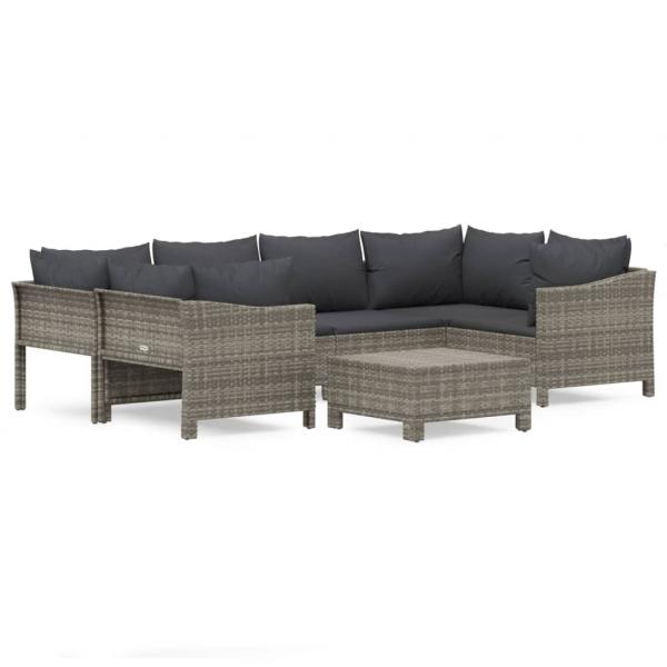 7-tlg. Garten-Lounge-Set mit Kissen Grau Poly Rattan