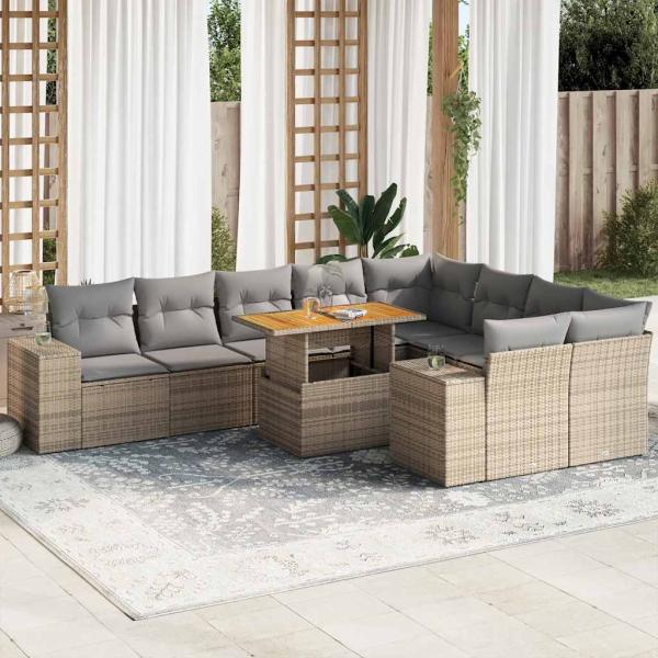 ARDEBO.de - 10-tlg. Garten-Sofagarnitur mit Kissen Beige Poly Rattan Akazie