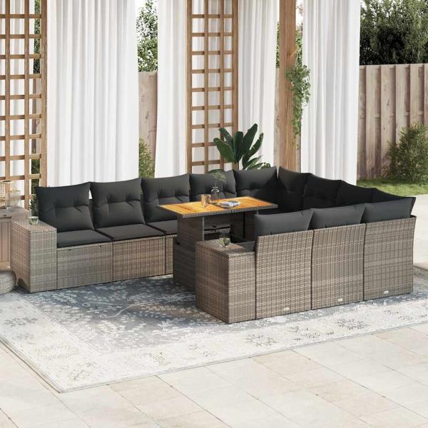 ARDEBO.de - 10-tlg. Garten-Sofagarnitur mit Kissen Grau Poly Rattan Akazie