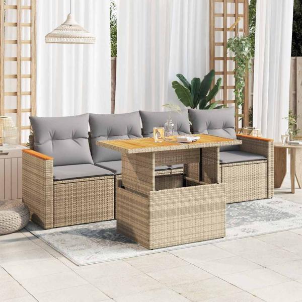 ARDEBO.de - 5-tlg. Garten-Sofagarnitur mit Kissen Beige Poly Rattan Akazie