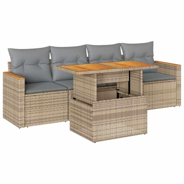 5-tlg. Garten-Sofagarnitur mit Kissen Beige Poly Rattan Akazie