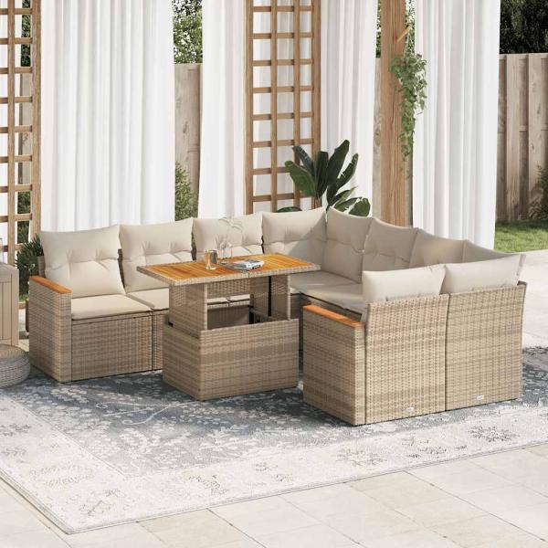 ARDEBO.de - 9-tlg. Garten-Sofagarnitur mit Kissen Beige Poly Rattan Akazie