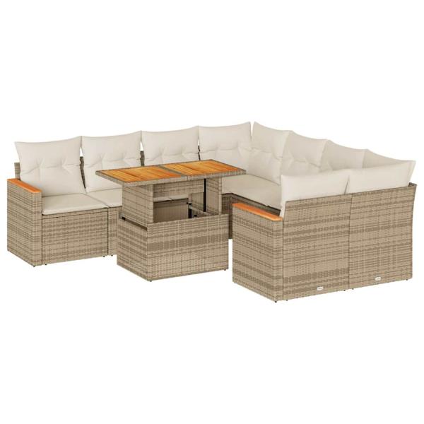9-tlg. Garten-Sofagarnitur mit Kissen Beige Poly Rattan Akazie