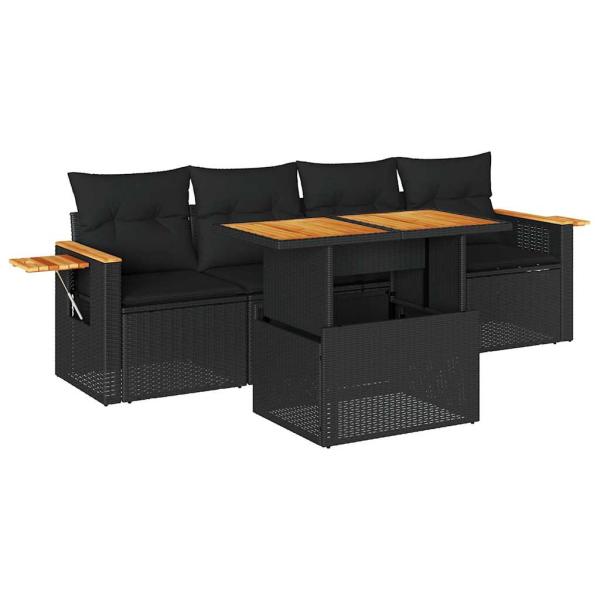 ARDEBO.de - 5tlg. Garten-Sofagarnitur mit Kissen Schwarz Poly Rattan Akazie
