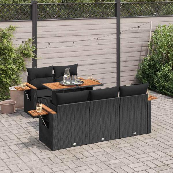 ARDEBO.de - 6-tlg. Garten-Sofagarnitur mit Kissen Schwarz Poly Rattan