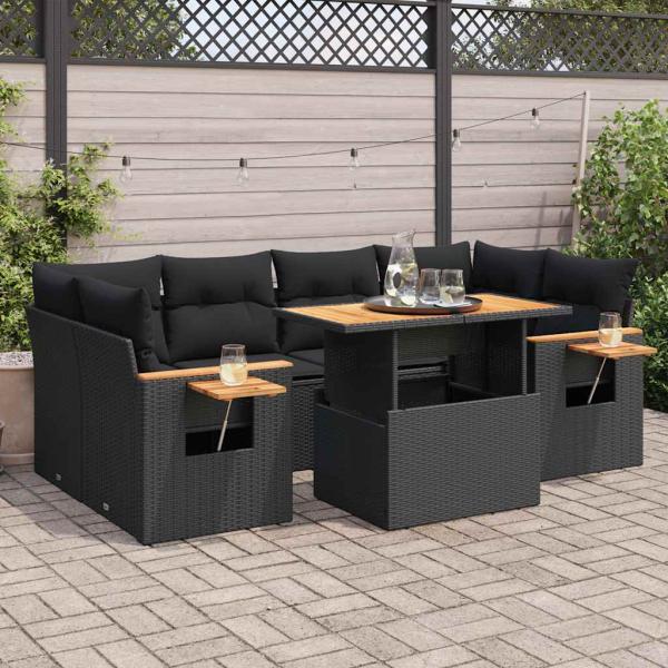 ARDEBO.de - 7-tlg. Garten-Sofagarnitur mit Kissen Schwarz Poly Rattan