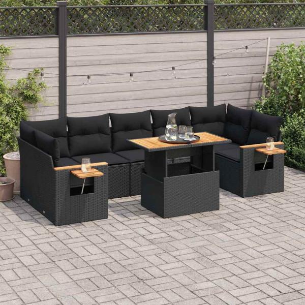 ARDEBO.de - 8-tlg. Garten-Sofagarnitur mit Kissen Schwarz Poly Rattan