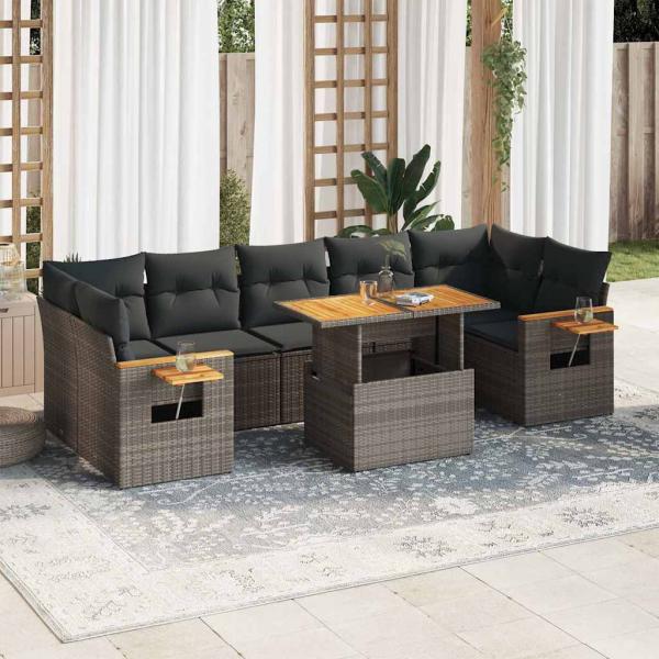 ARDEBO.de - 8-tlg. Garten-Sofagarnitur mit Kissen Grau Poly Rattan Akazie