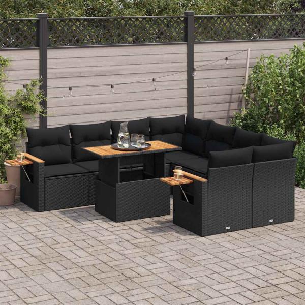 ARDEBO.de - 9-tlg. Garten-Sofagarnitur mit Kissen Schwarz Poly Rattan