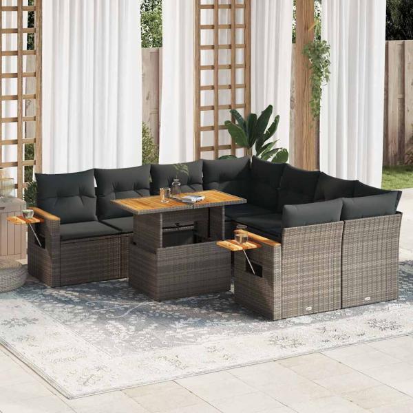 ARDEBO.de - 9-tlg. Garten-Sofagarnitur mit Kissen Grau Poly Rattan Akazie