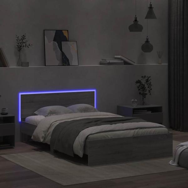 Bettgestell mit Kopfteil LED-Beleuchtung Grau Sonoma 135x190 cm