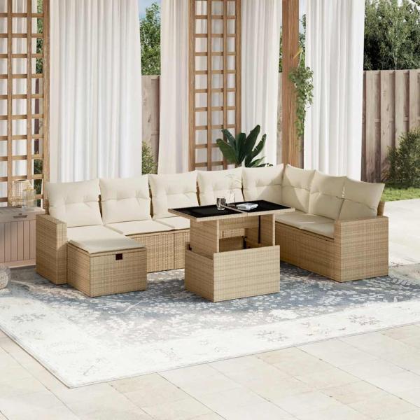 ARDEBO.de - 9-tlg. Garten-Sofagarnitur mit Kissen Beige Poly Rattan