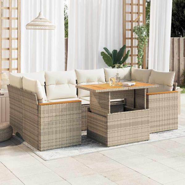 ARDEBO.de - 6-tlg. Garten-Sofagarnitur mit Kissen Beige Poly Rattan Akazie