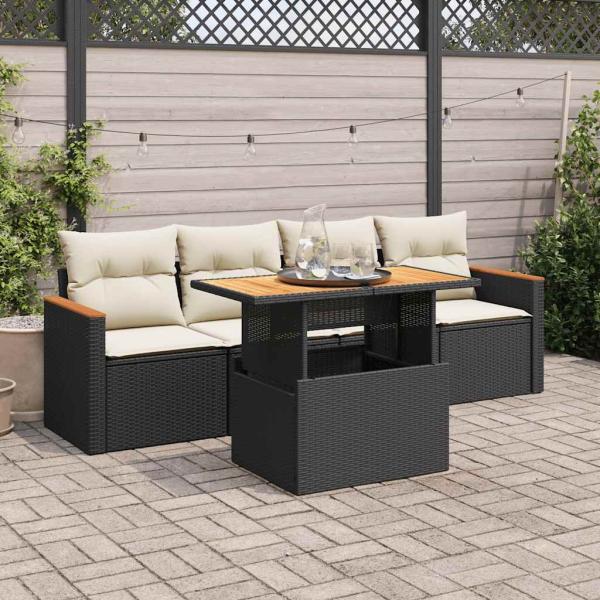 ARDEBO.de - 5tlg. Garten-Sofagarnitur mit Kissen Schwarz Poly Rattan Akazie