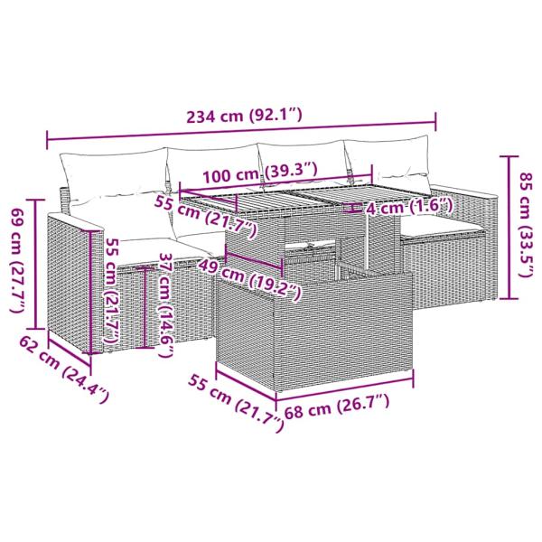 5tlg. Garten-Sofagarnitur mit Kissen Schwarz Poly Rattan Akazie