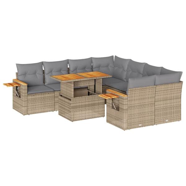 9-tlg. Garten-Sofagarnitur mit Kissen Beige Poly Rattan Akazie