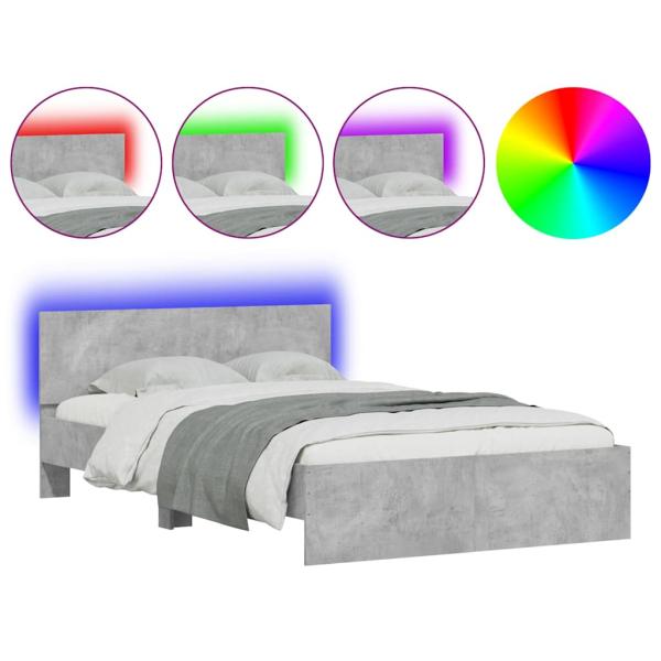 Bettgestell mit Kopfteil LED-Beleuchtung Betongrau 140x200 cm