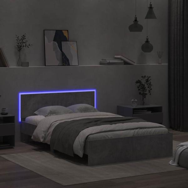 Bettgestell mit Kopfteil LED-Beleuchtung Betongrau 140x200 cm