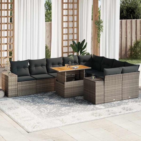 ARDEBO.de - 10-tlg. Garten-Sofagarnitur mit Kissen Grau Poly Rattan Akazie