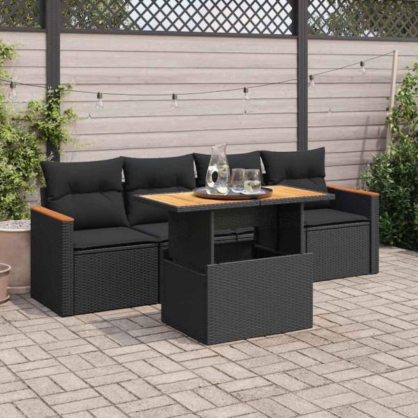 ARDEBO.de - 5tlg. Garten-Sofagarnitur mit Kissen Schwarz Poly Rattan Akazie