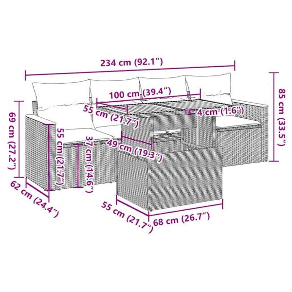 5tlg. Garten-Sofagarnitur mit Kissen Schwarz Poly Rattan Akazie