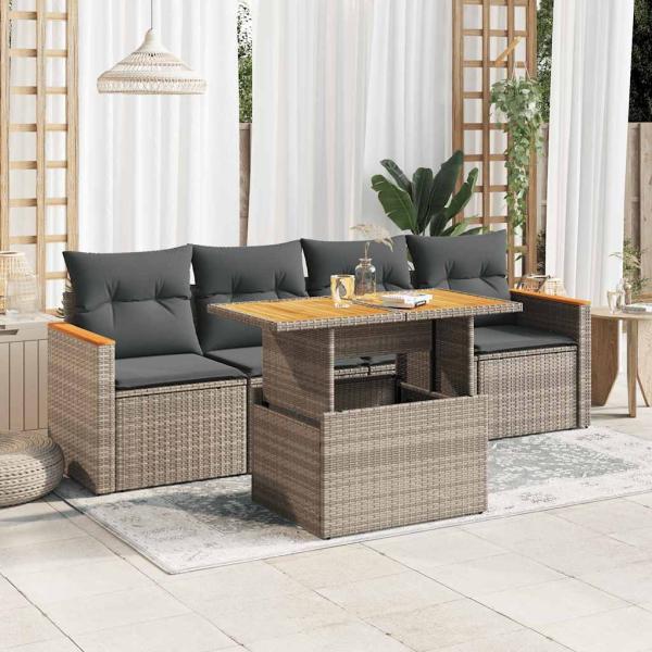 ARDEBO.de - 5-tlg. Garten-Sofagarnitur mit Kissen Grau Poly Rattan Akazie