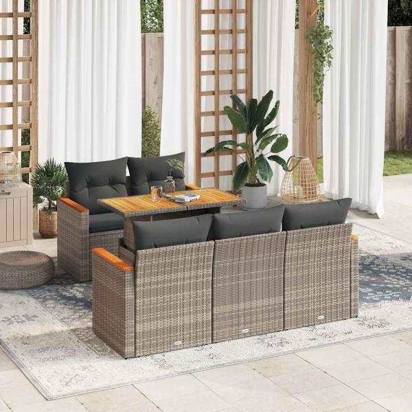 ARDEBO.de - 6-tlg. Garten-Sofagarnitur mit Kissen Grau Poly Rattan Akazie